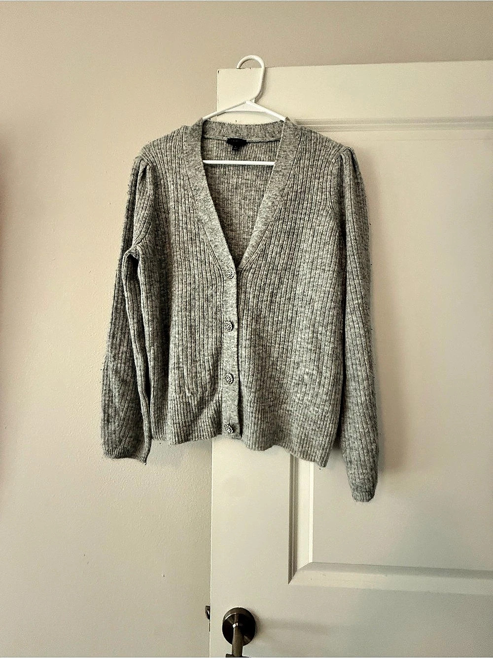 Talbots Soft Metallic Ribbed Rhinestone Button Cardigan Gray Large - Picture 3 of 7